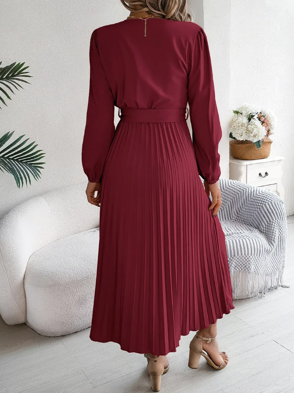 Pleated Tied V-Neck Long Sleeve Dress, image 21