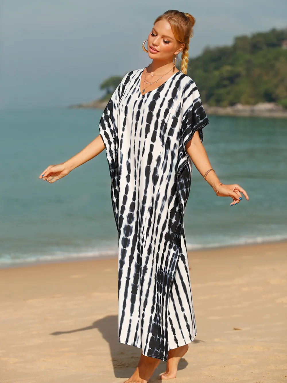 Tie-Dye V-Neck Half Sleeve Cover-Up, image 4