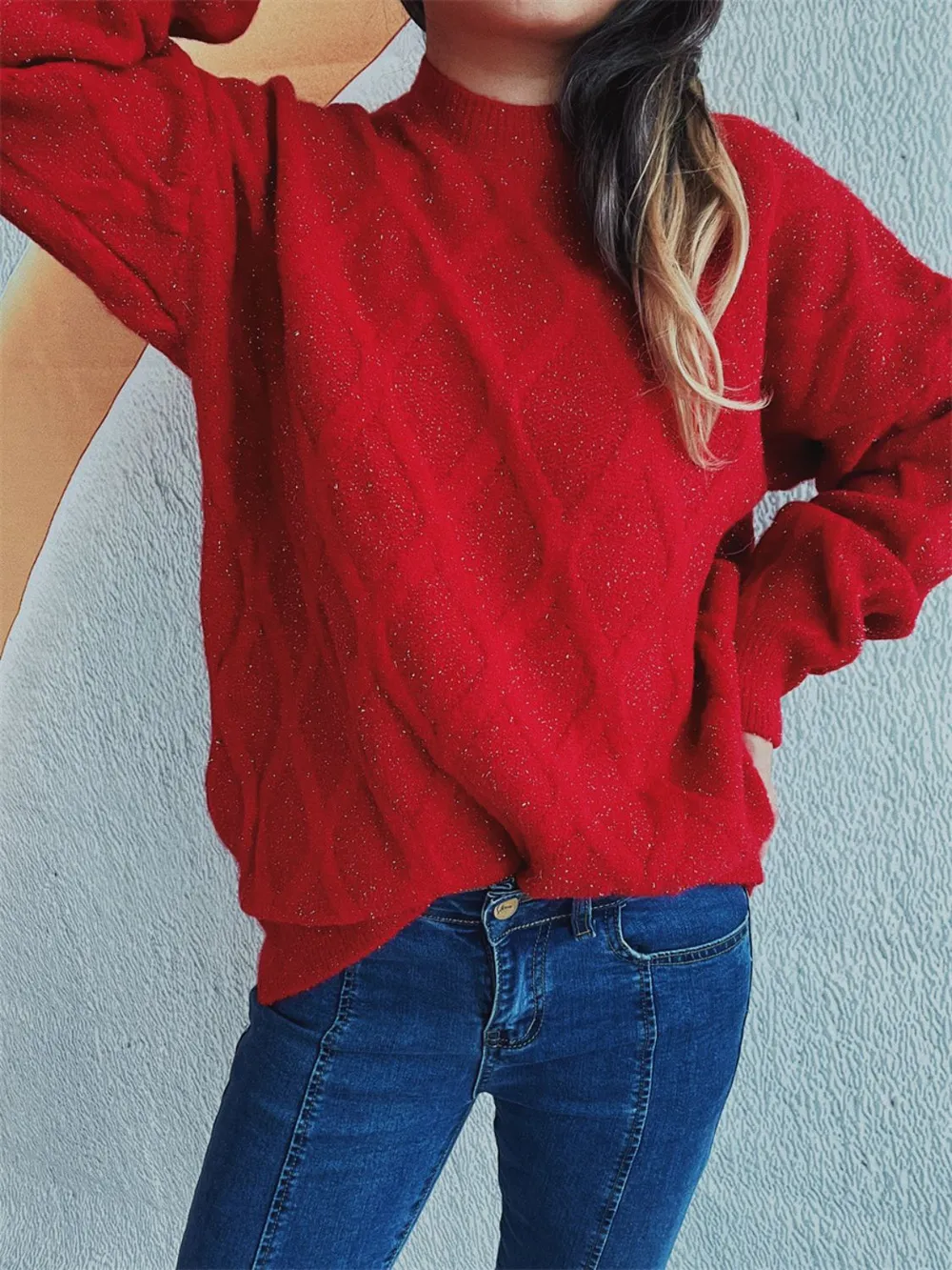 Diamond Round Neck Long Sleeve Sweater, image 23