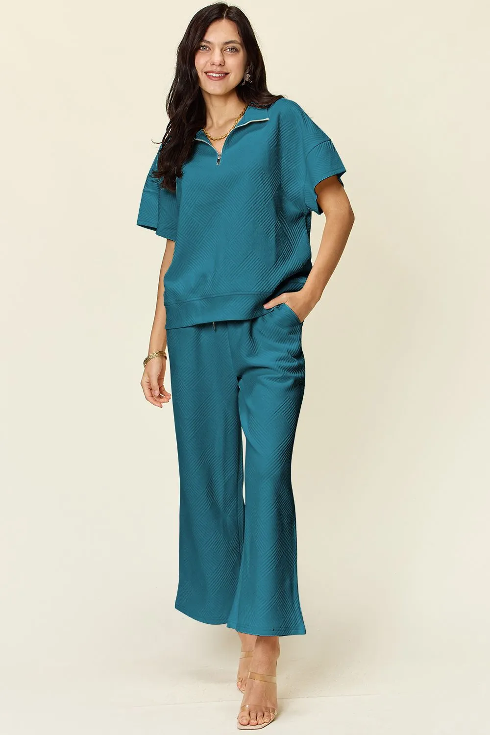 Full Size Texture Half Zip Short Sleeve Top and Pants Set, image 5