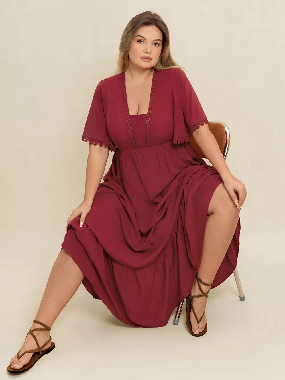 Plus Size Lace Detail Flutter Sleeve Maxi Dress, image 2