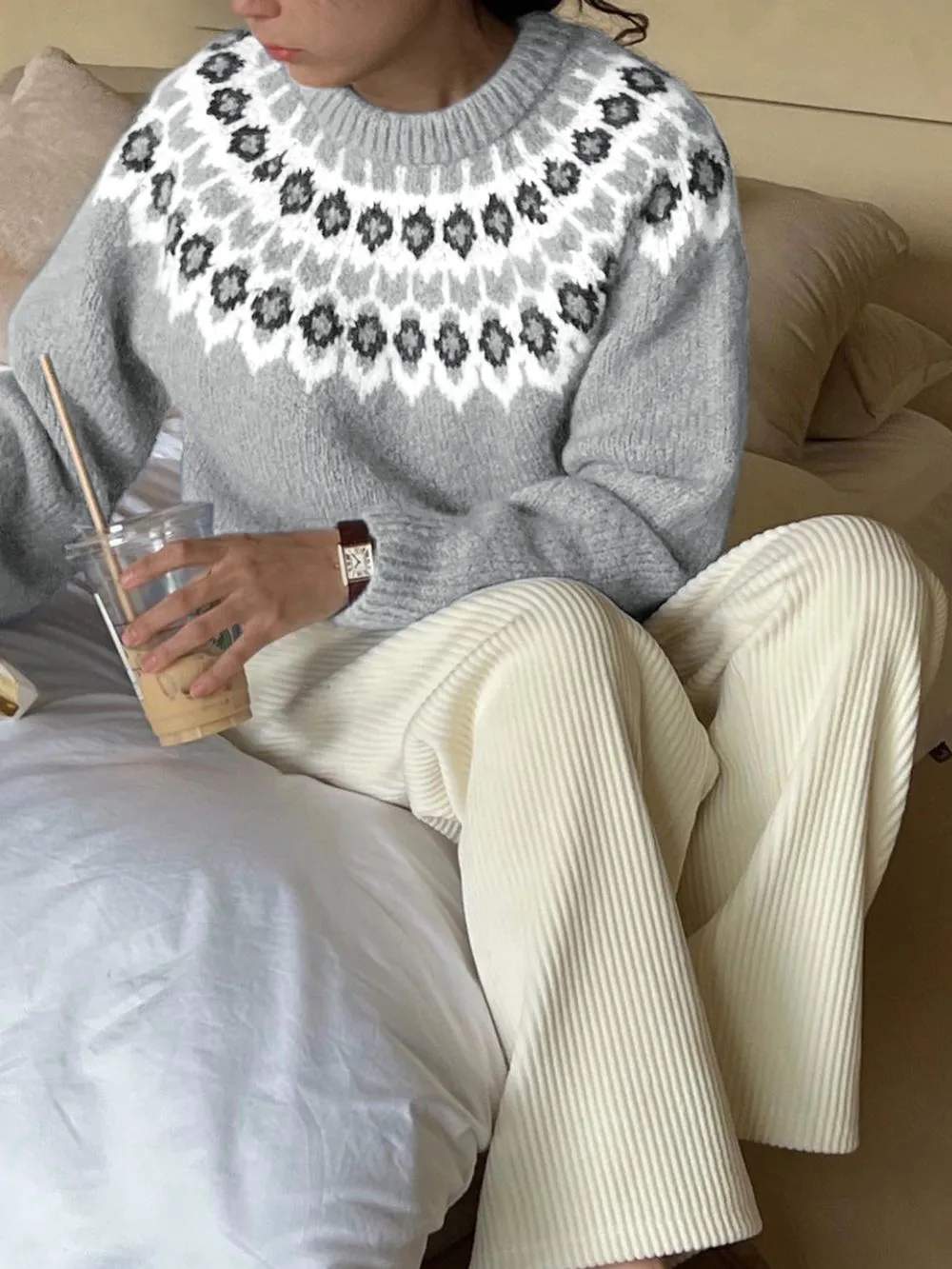 Nordic Fair Isle Pattern Round Neck Sweater, image 4