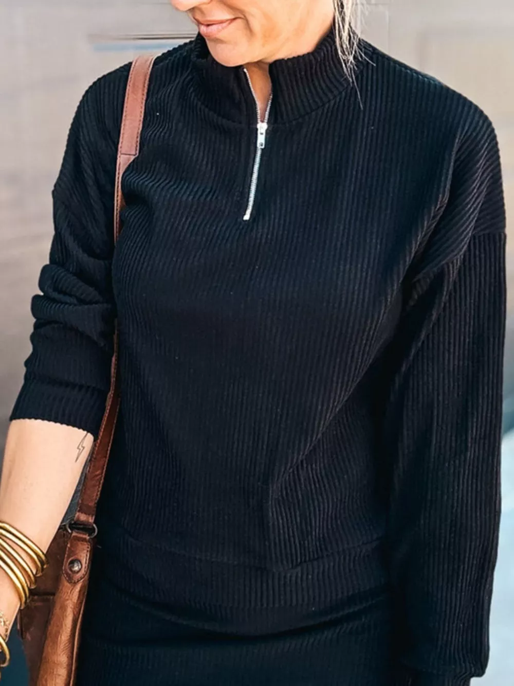 Ribbed Knit Quarter-Zip Top and Skirt Set, image 3