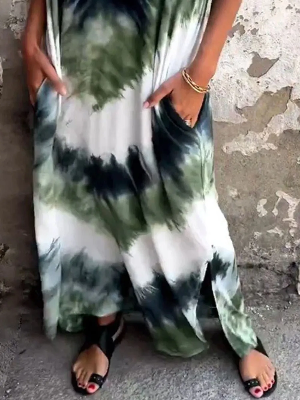 Full Size Tie-Dye V-Neck Midi Dress with Pockets Plus Size, image 4