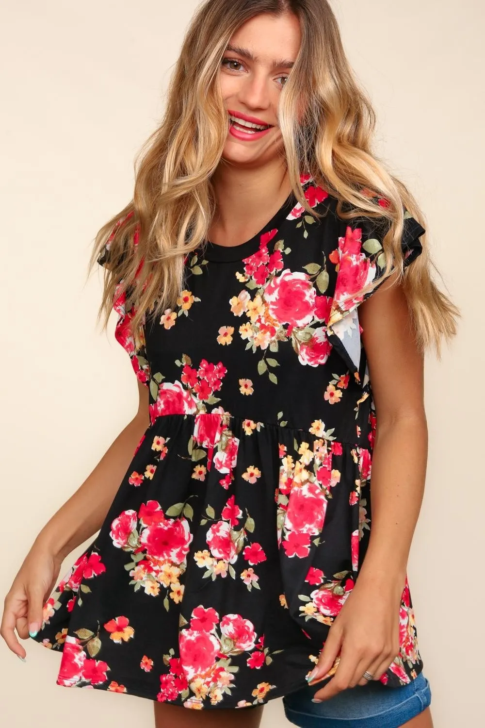 Floral Ruffle Short Sleeve Babydoll Top, image 2