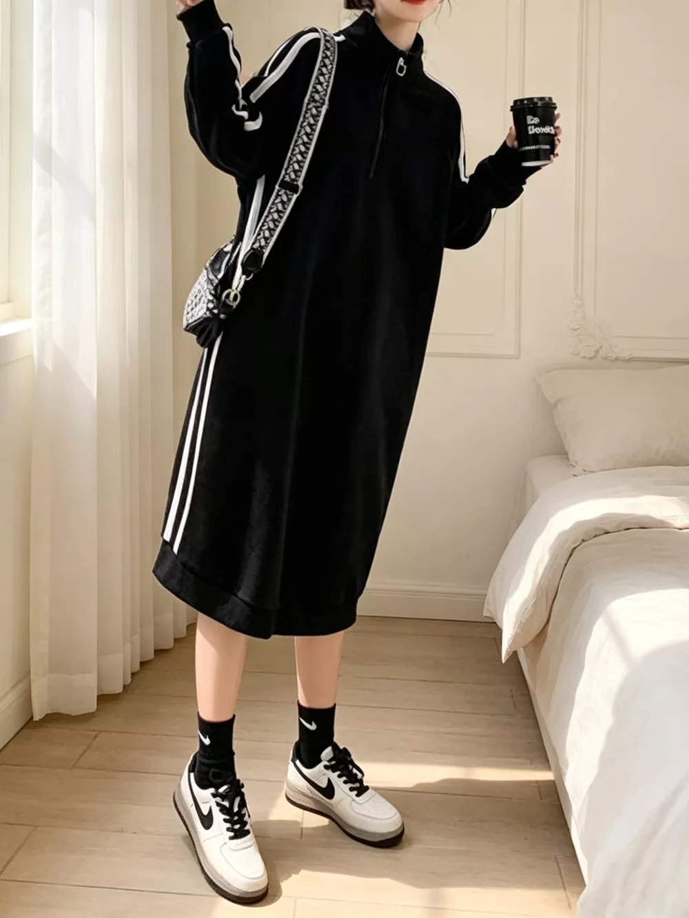Casual Quarter‑Zip Mock Neck Side Stripe Midi Sweatshirt Dress, image 3