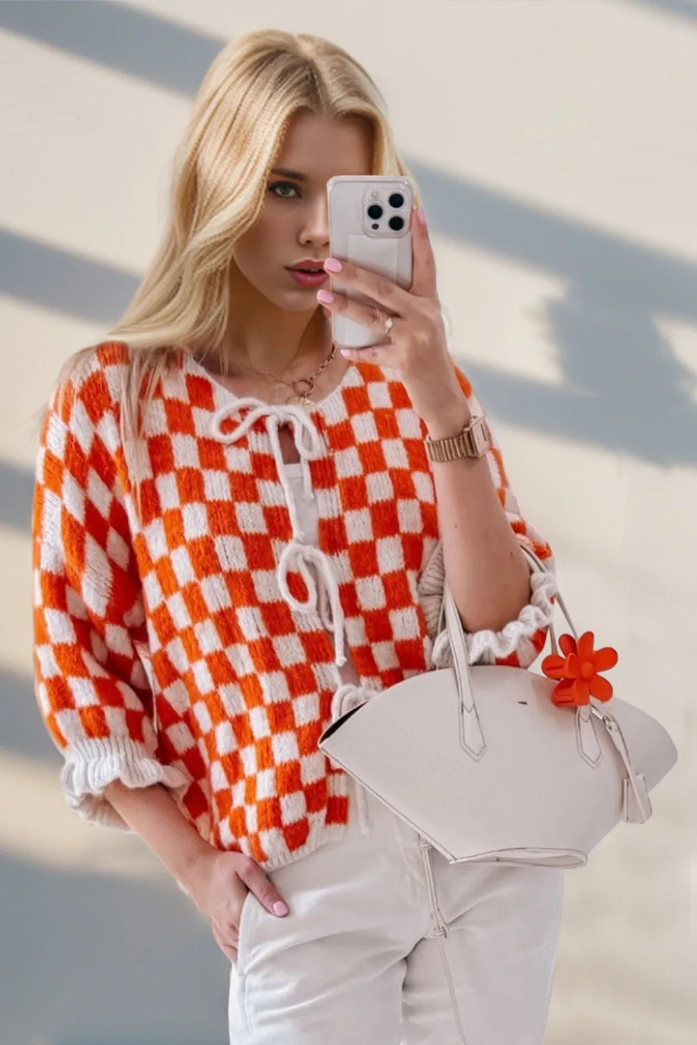 Tied Checkered Dropped Shoulder Flounce Sleeve Cardigan, image 8