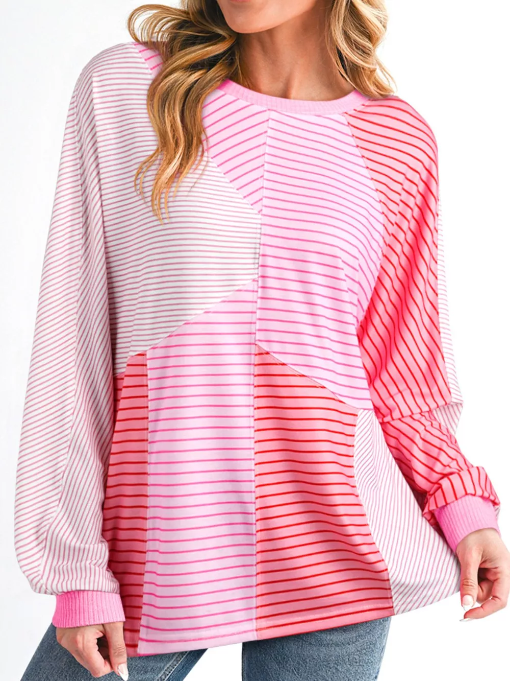 Striped Colorblock Exposed Seam Casual Long Sleeve Top, image 2