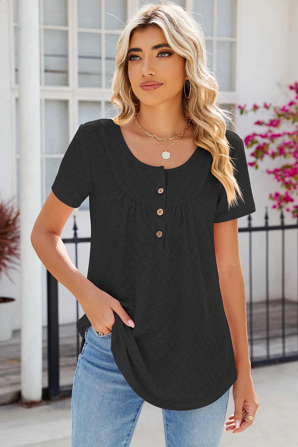 Eyelet Quarter Button Short Sleeve T-Shirt, image 15