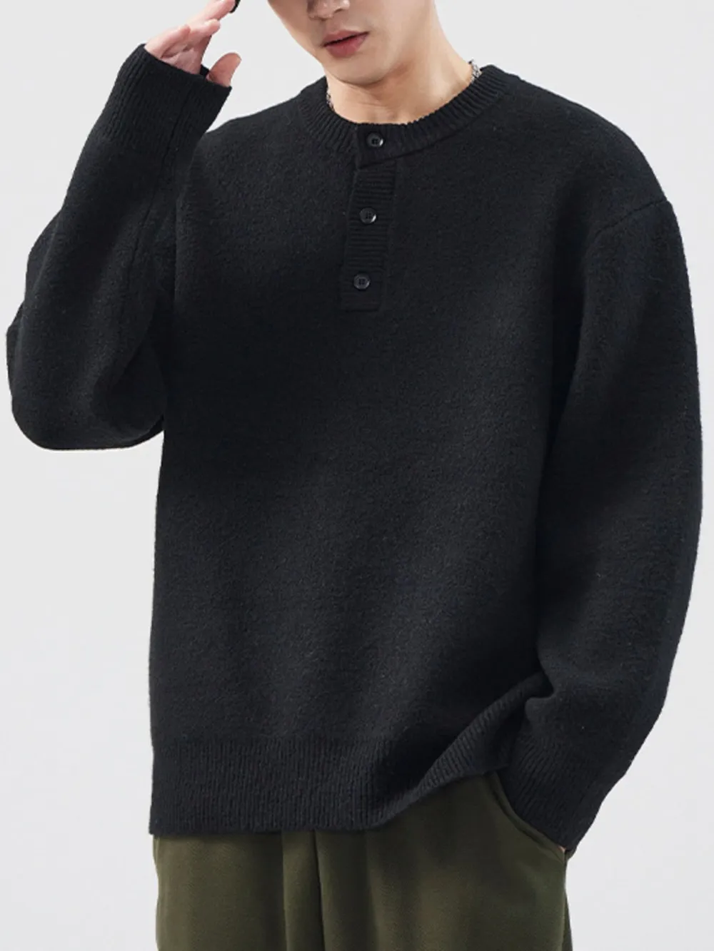 Men's Plus Size Button Detail Ribbed Hem Sweater, image 3