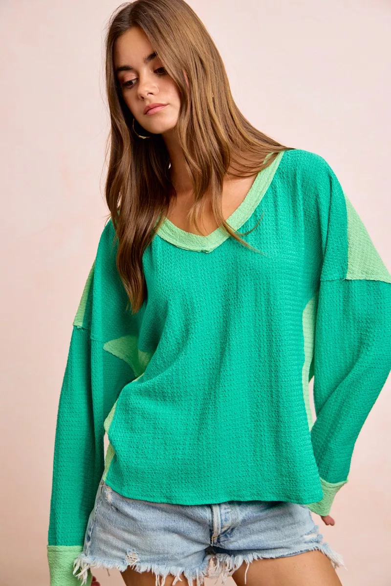 Textured Jersey Color Block Top With Cut Edge, image 6