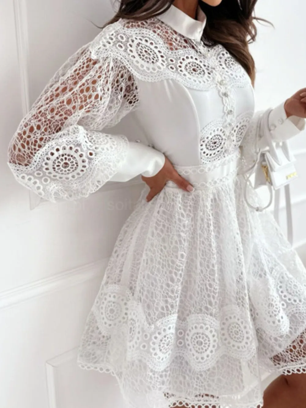 Lace Lantern Sleeve Mini Dress, image 8