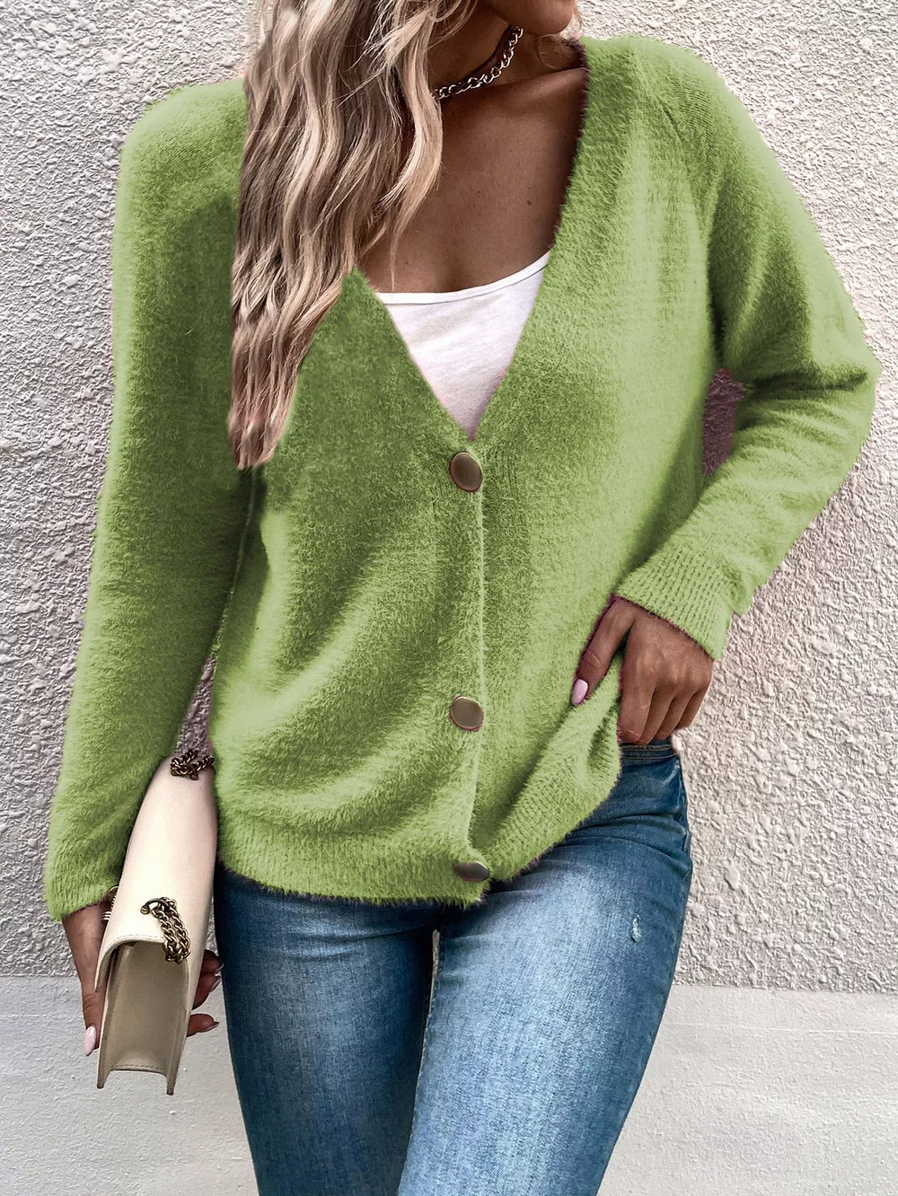 Soft Fuzzy V-Neck Button-Down Cardigan, image 8