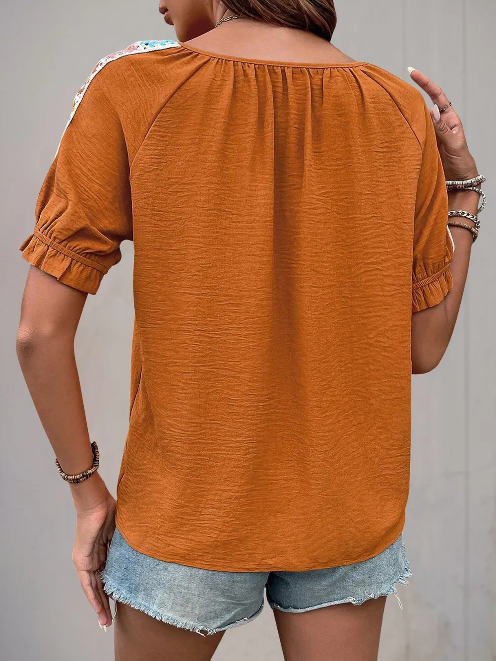 Tied Crochet Detail Short Sleeve Blouse, image 6