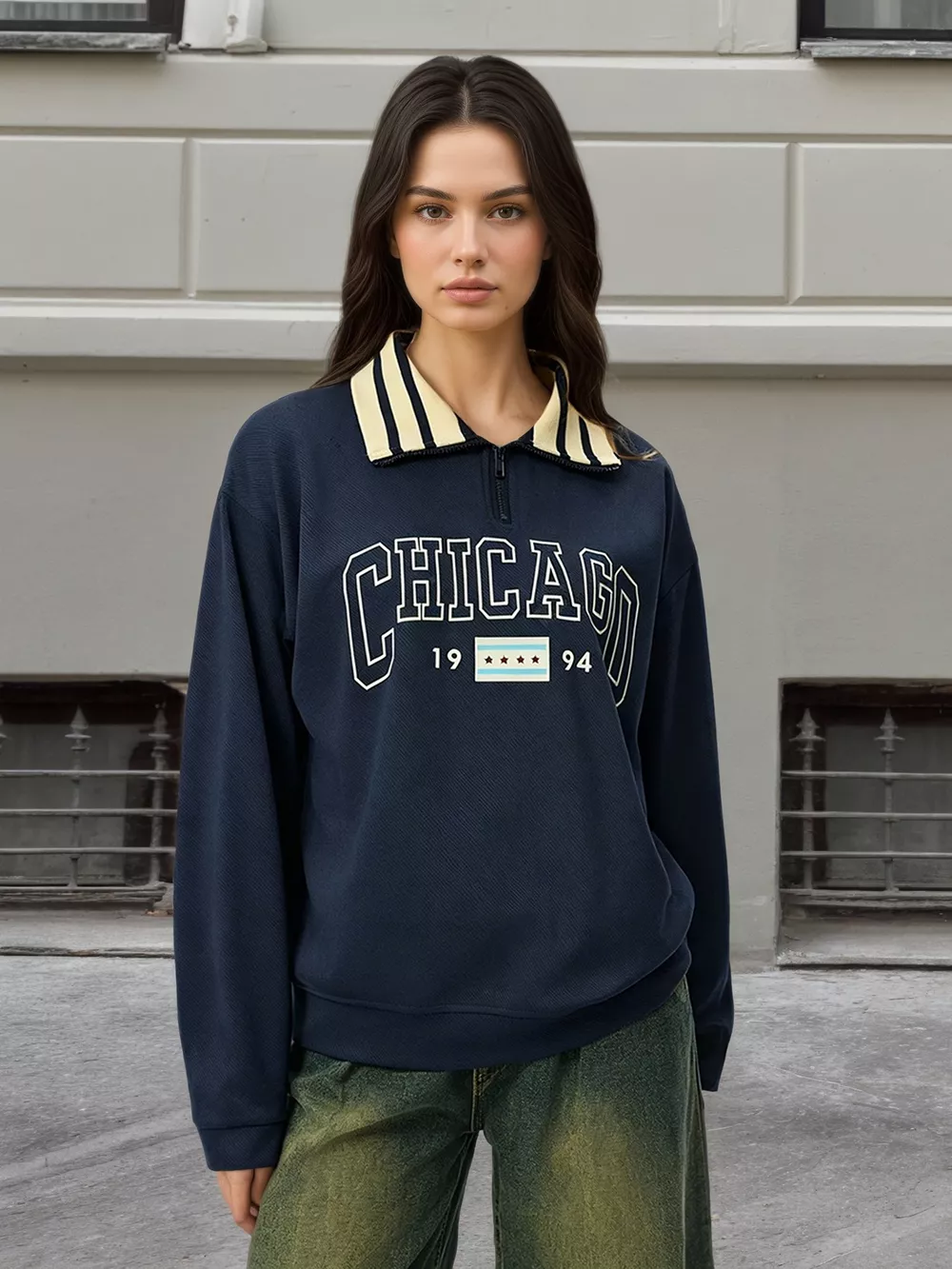 Striped Collar Letter Graphic Sweatshirt, image 3