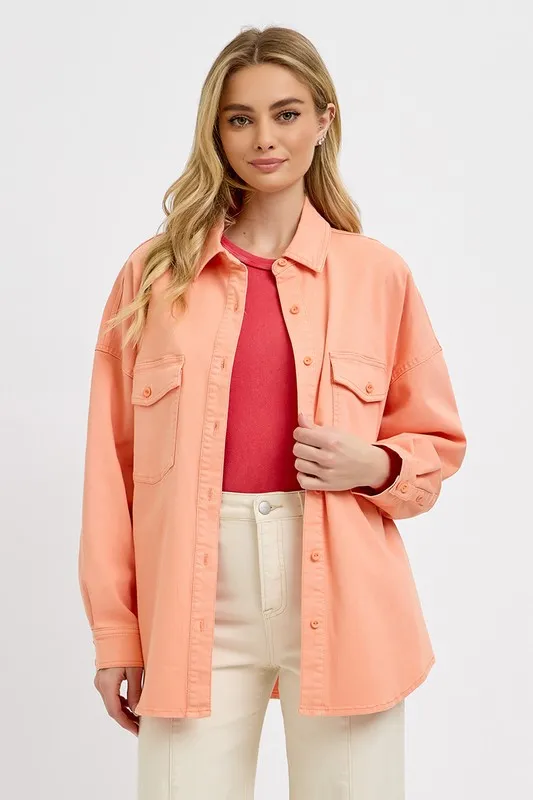 Full Size Button Down Long Sleeve Denim Shacket with Chest Pockets Plus Size, image 3