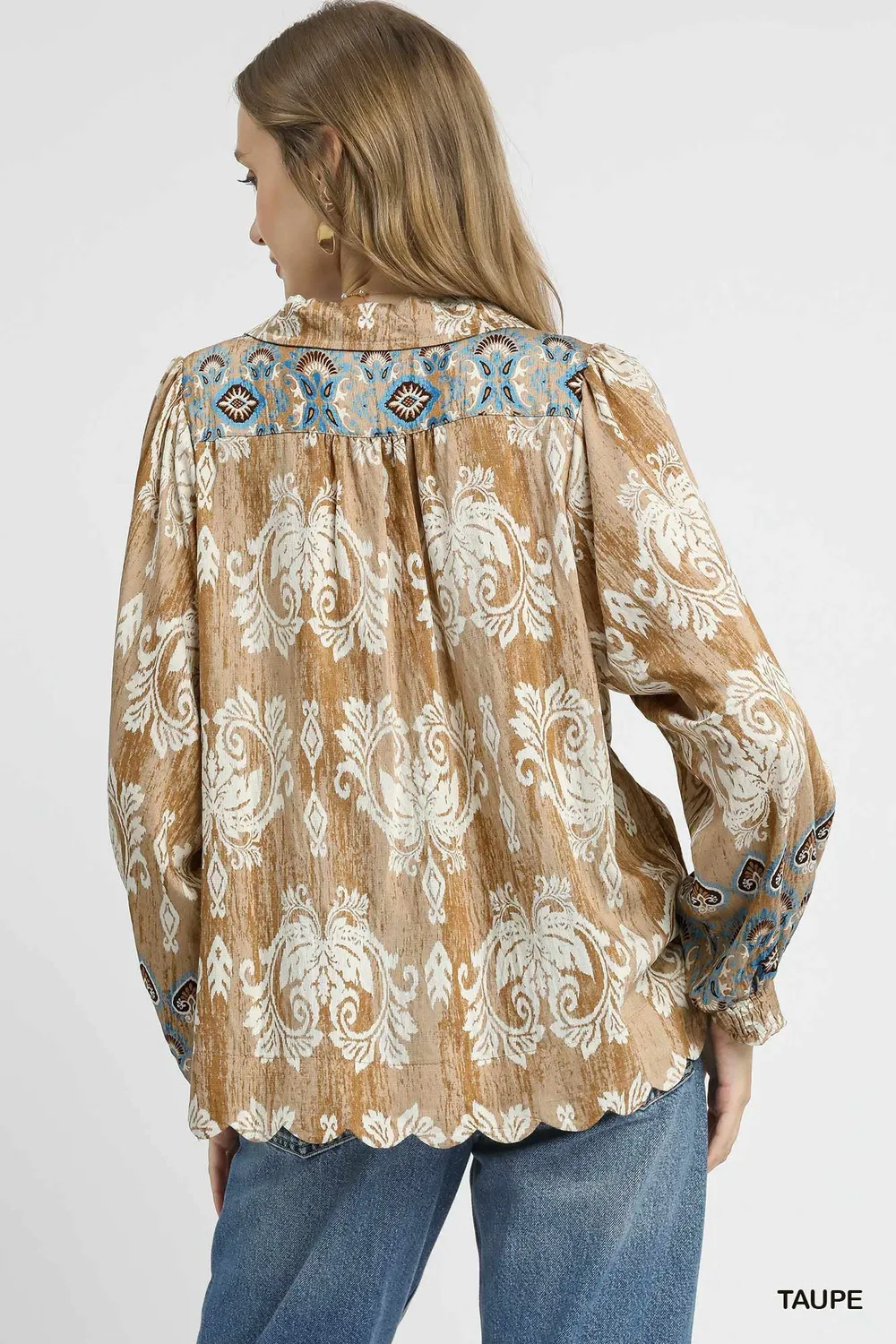 Floral Boho Blouse with Scalloped Hem, image 3