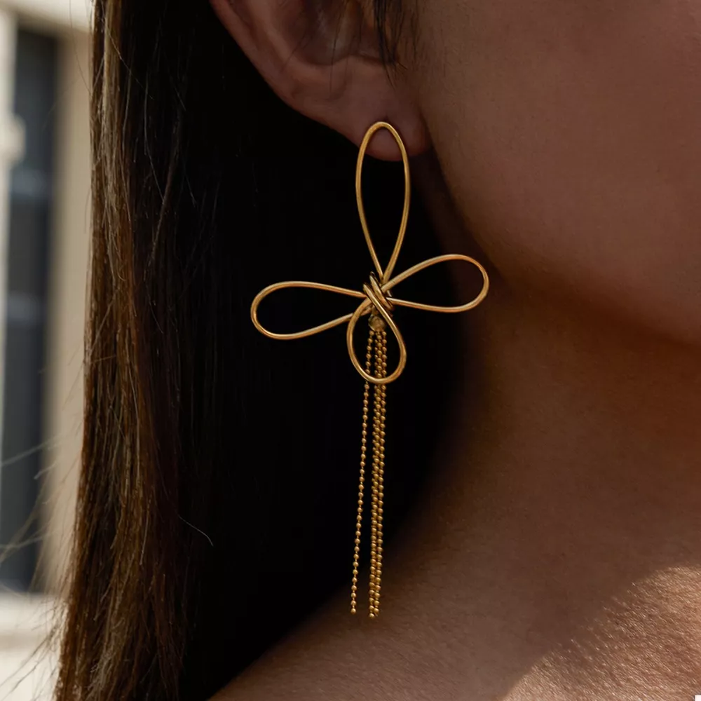 18K Gold-Plated Tassel Bow Earrings, image 4
