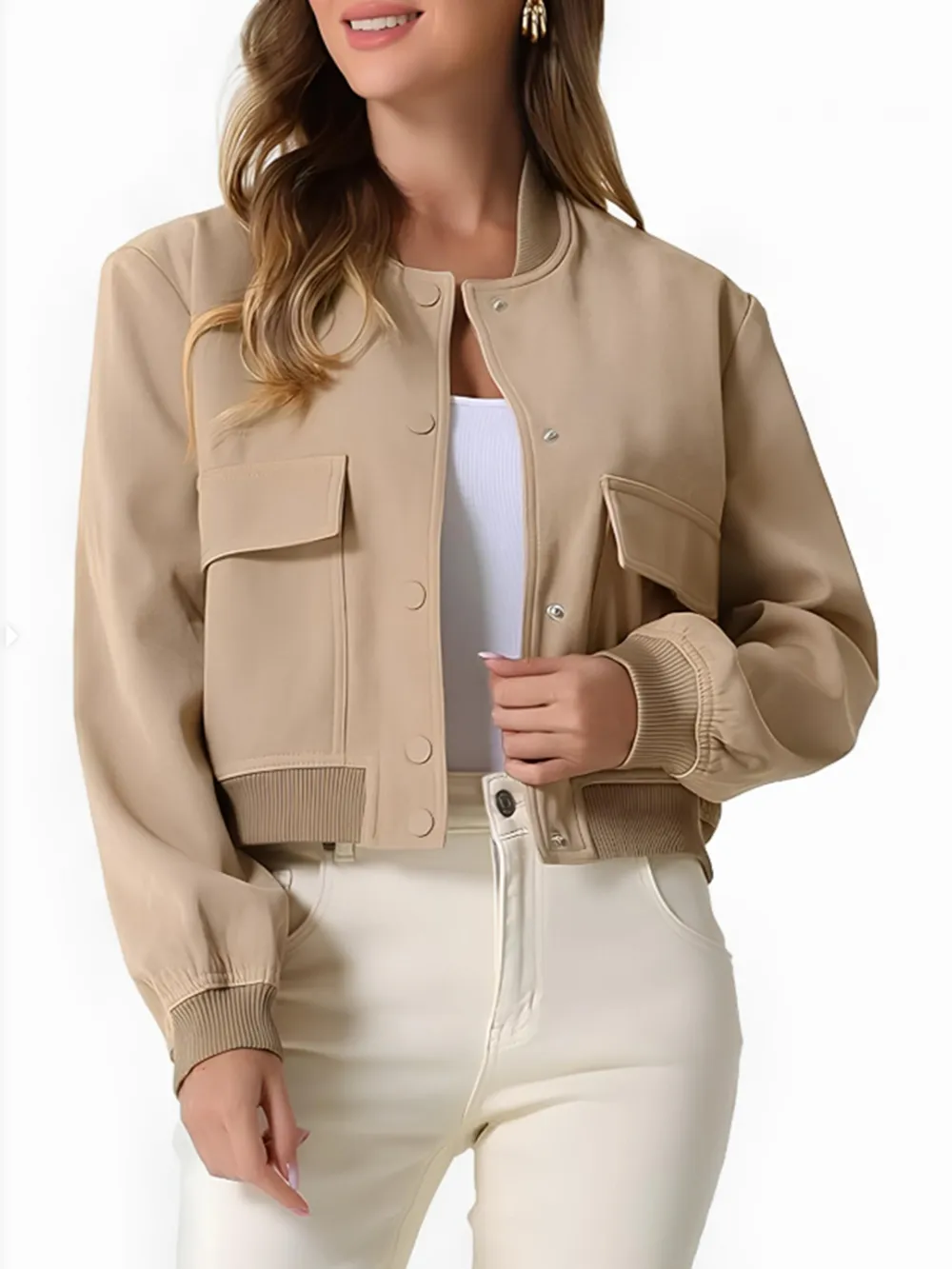 Pocketed Snap Down Baseball Collar Jacket, image 2