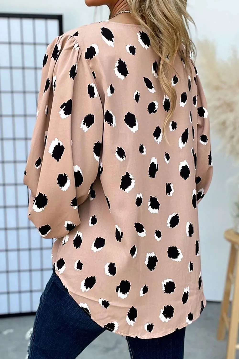 Contrast Animal Print V-Neck Long Sleeve Blouse, image 5