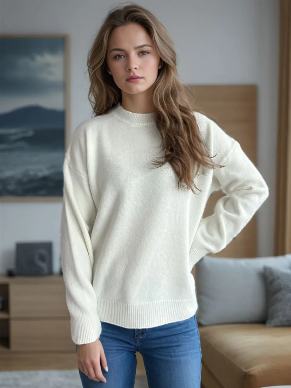 Round Neck Drop Shoulder Long Sleeve Sweater, image 6