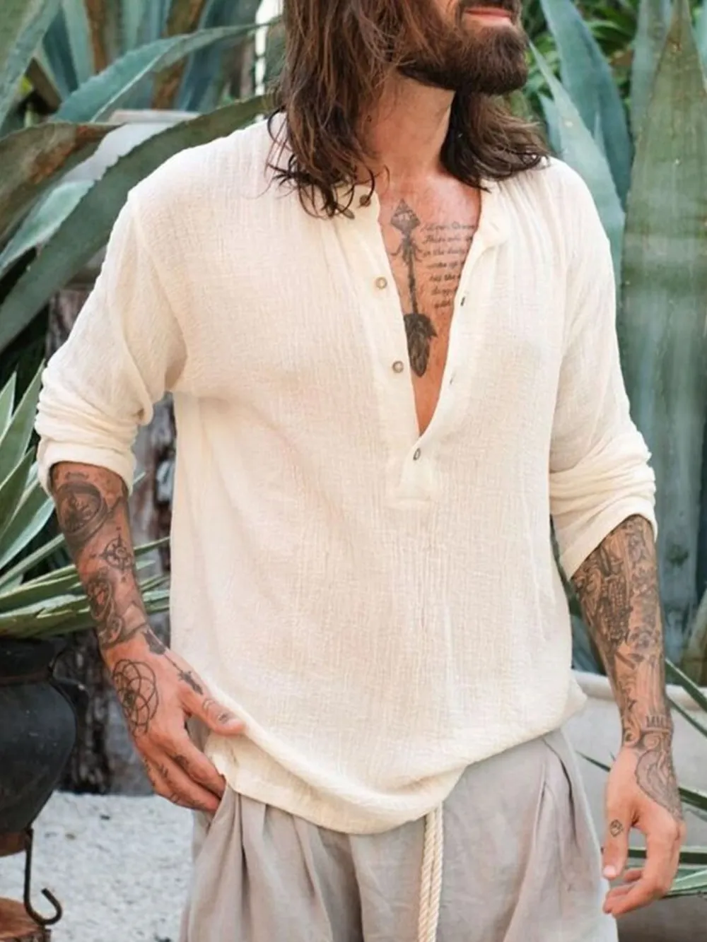 Men's Full Size Button Detail Long Sleeve Blouse Plus Size, image 2