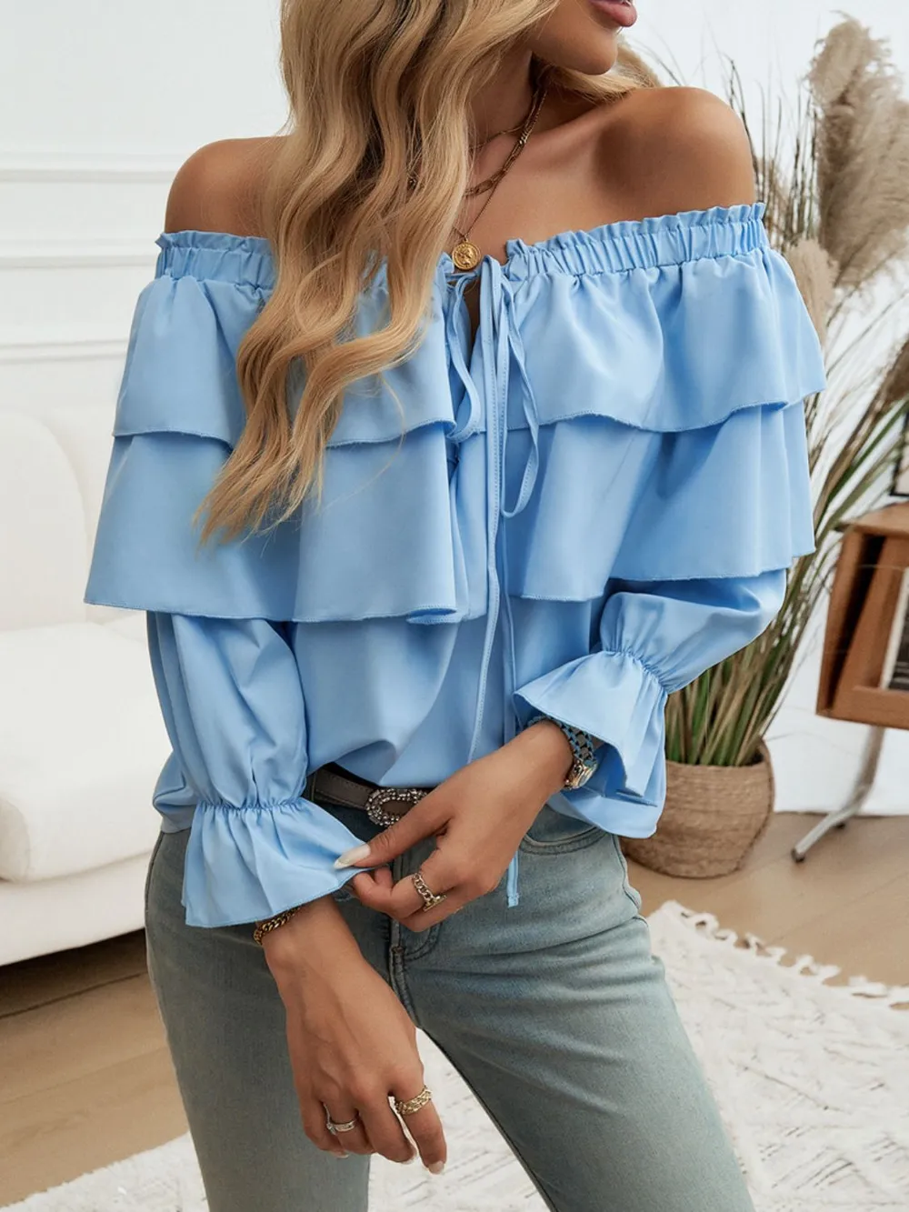 Off-Shoulder Flounce Sleeve Blouse, image 3