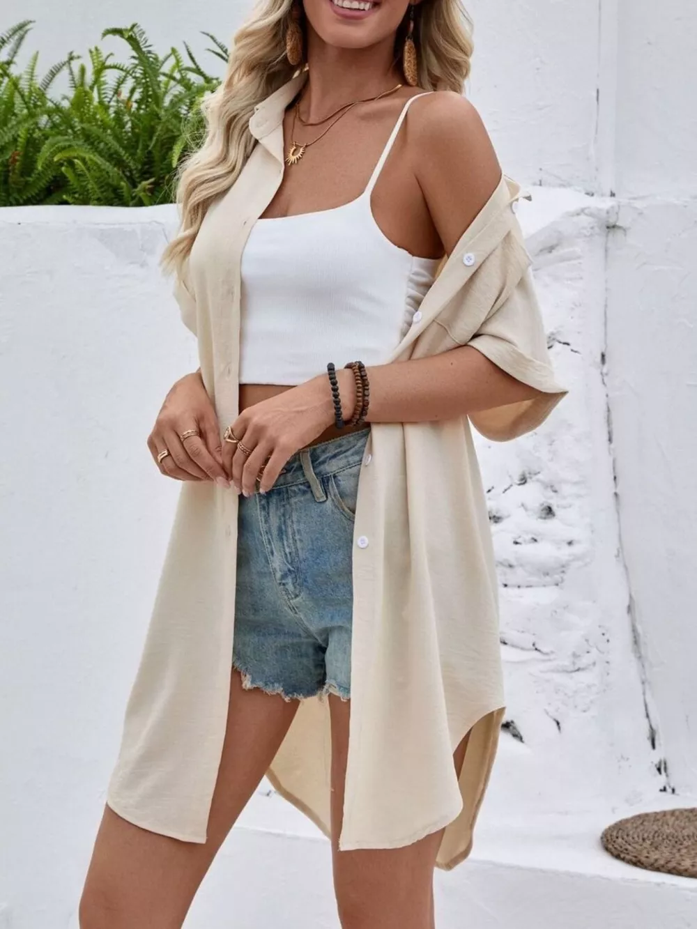Relaxed Fit Button-Down Longline Shirt, image 7
