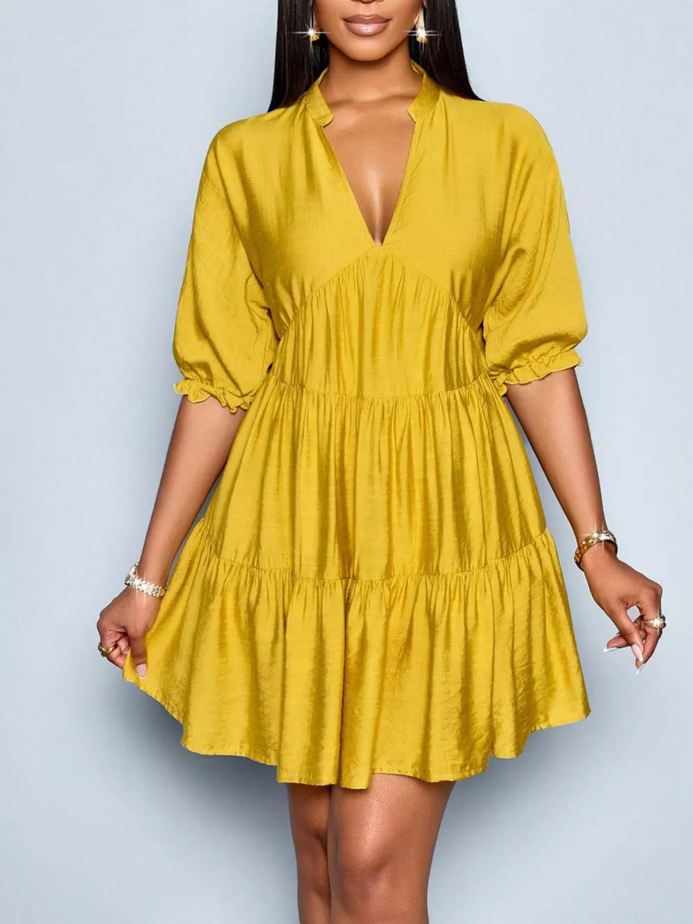 Notched Half Sleeve Tiered Dress, image 19