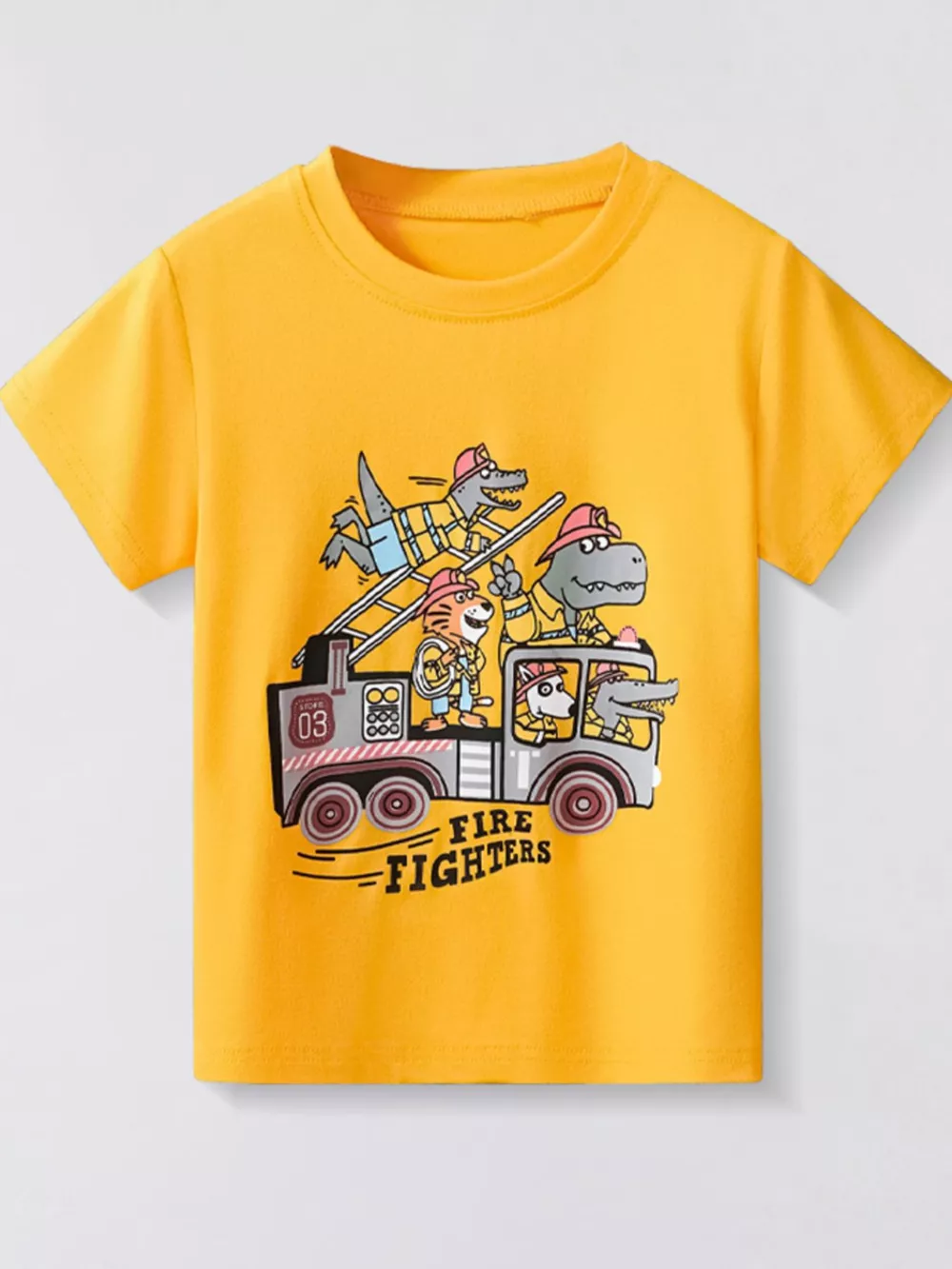 Children's Firefighter Animal Graphic Round Neck T-Shirt