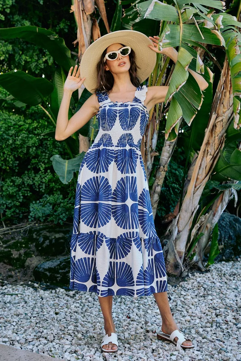 Abstract Print Smocked Bodice Tiered Lined Midi Dress, image 19