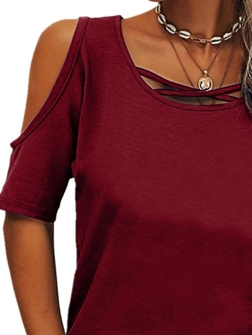 Full Size Crisscross Cold Shoulder Casual T-Shirt Plus Size, image 5