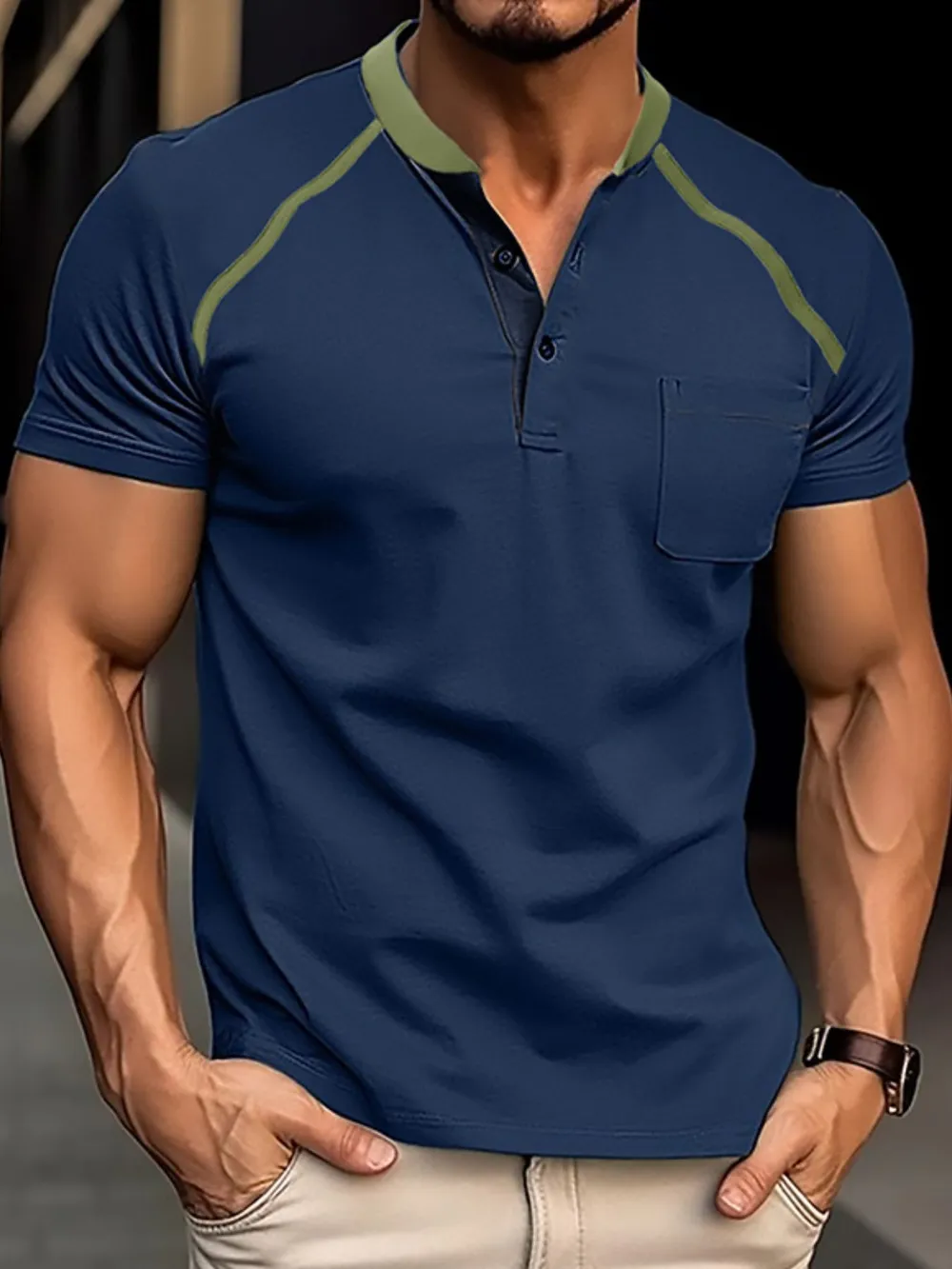 Men's Contrast Stitch Polo Shirt with Chest Pocket, image 2