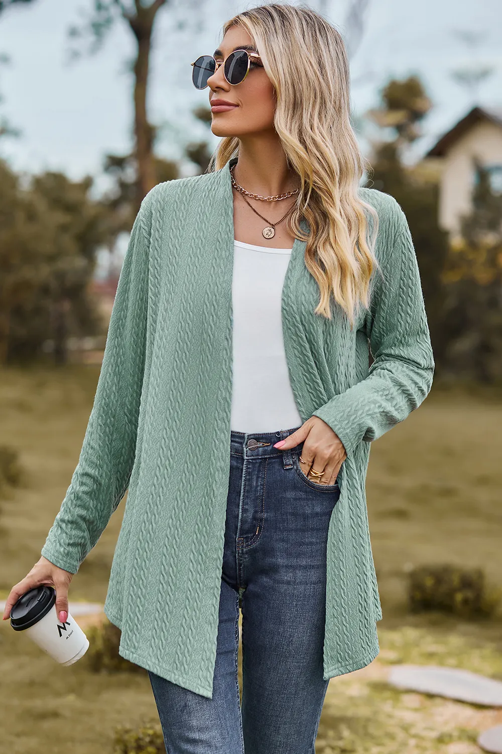 Textured Open Front Long Sleeve Cardigan, image 10
