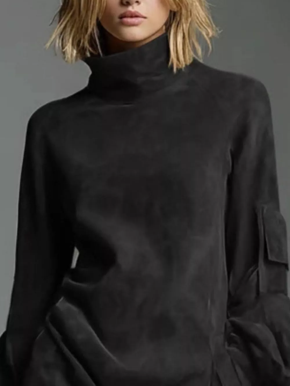 Full Size Suede Turtleneck Lantern Sleeve Mini Dress Plus Size, image 10