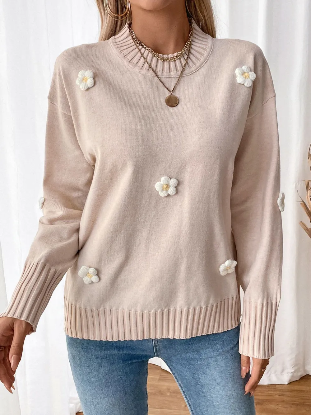 Flower Round Neck Long Sleeve Sweater, image 3