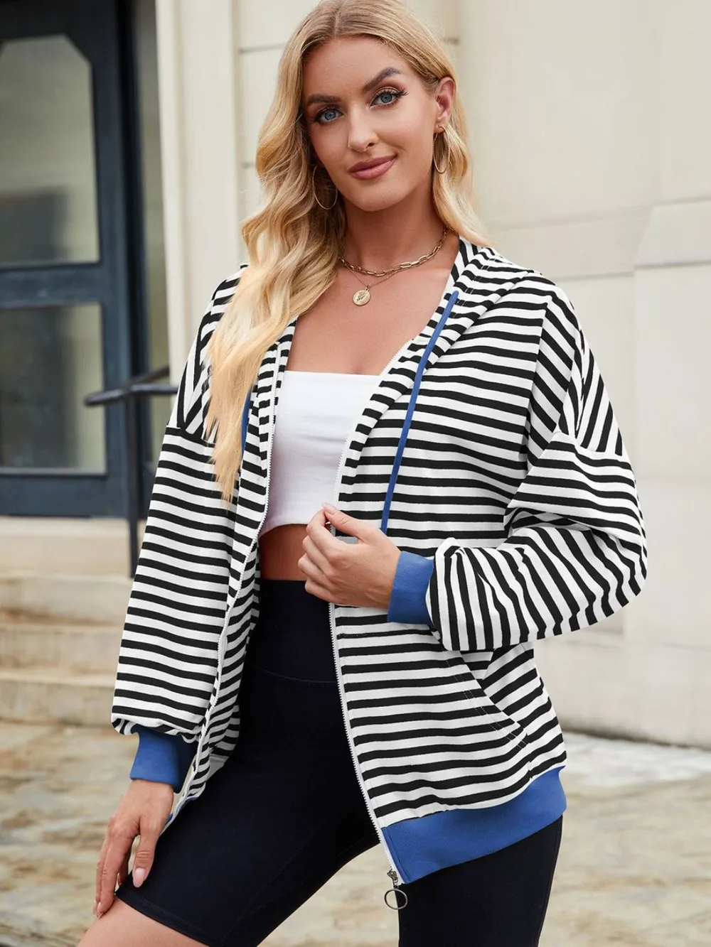 Drawstring Striped Zip Up Long Sleeve Hoodie, image 8