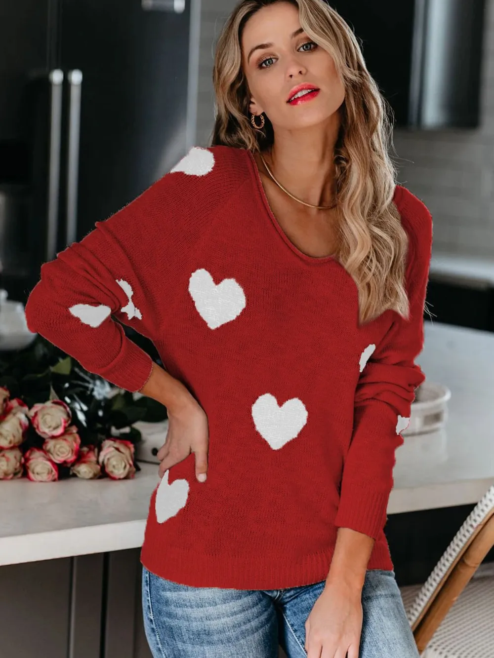 Heart Scoop Neck Long Sleeve Sweater, image 8