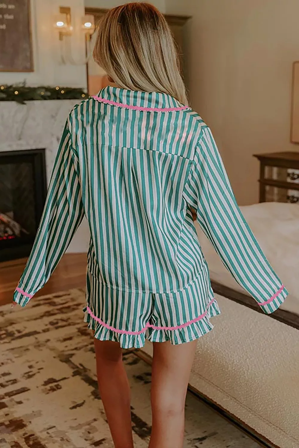 Stripe Contrast Ricrac Trim Long Sleeve Shirt Drawstring Ruffled Pajama Short Set, image 2