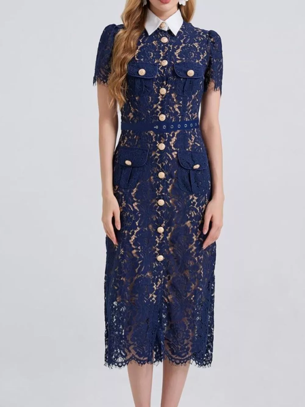 Lace Button-Down Midi Dress, image 5