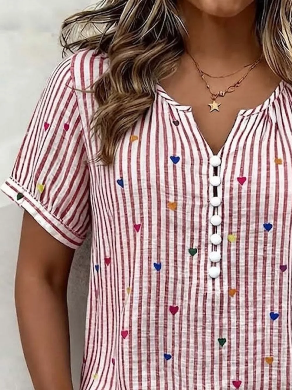 Full Size Heart Striped Short Sleeve Blouse Plus Size, image 6