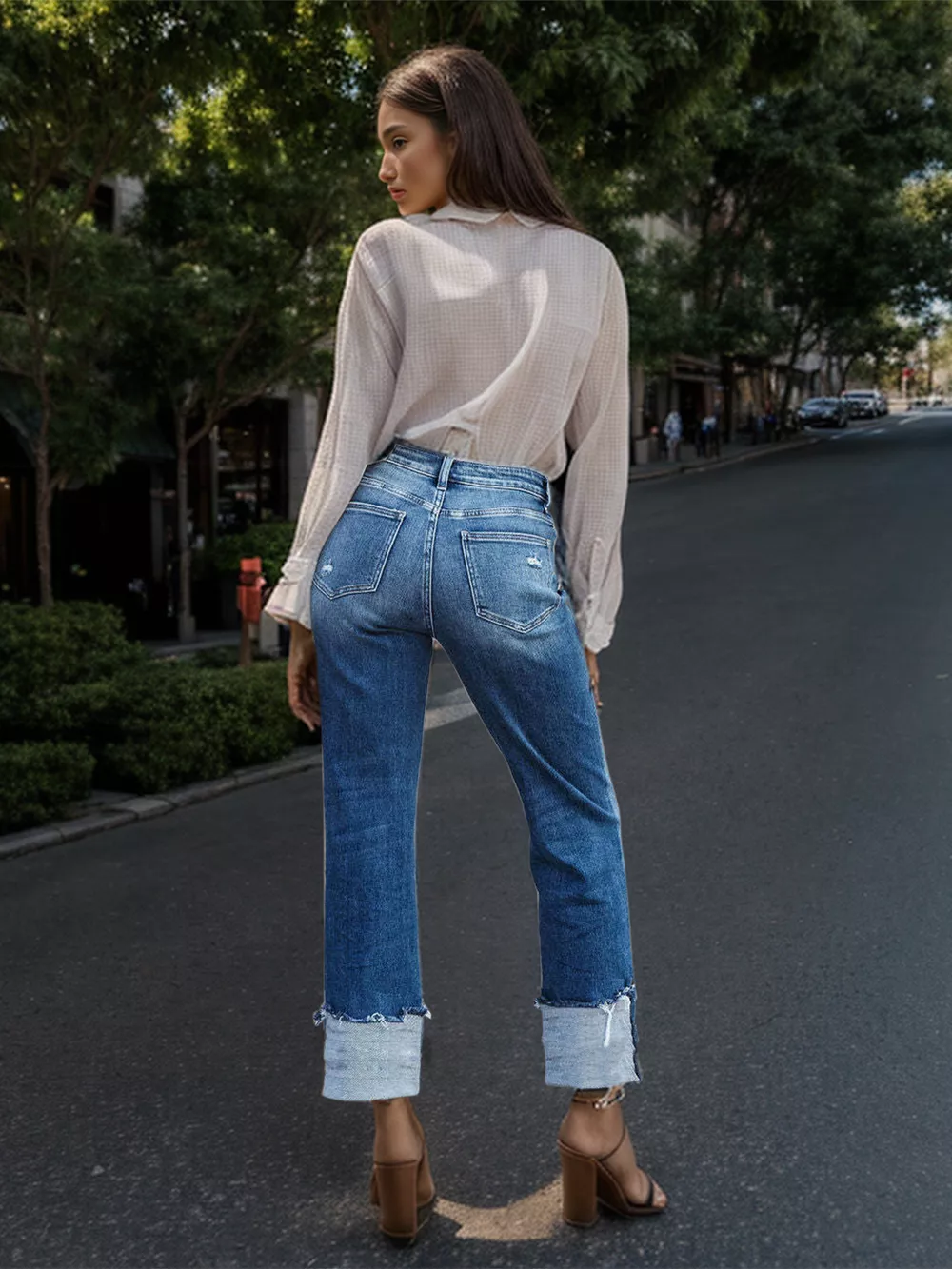 Stepped Waist Raw Hem Rolled Straight Jeans, image 3