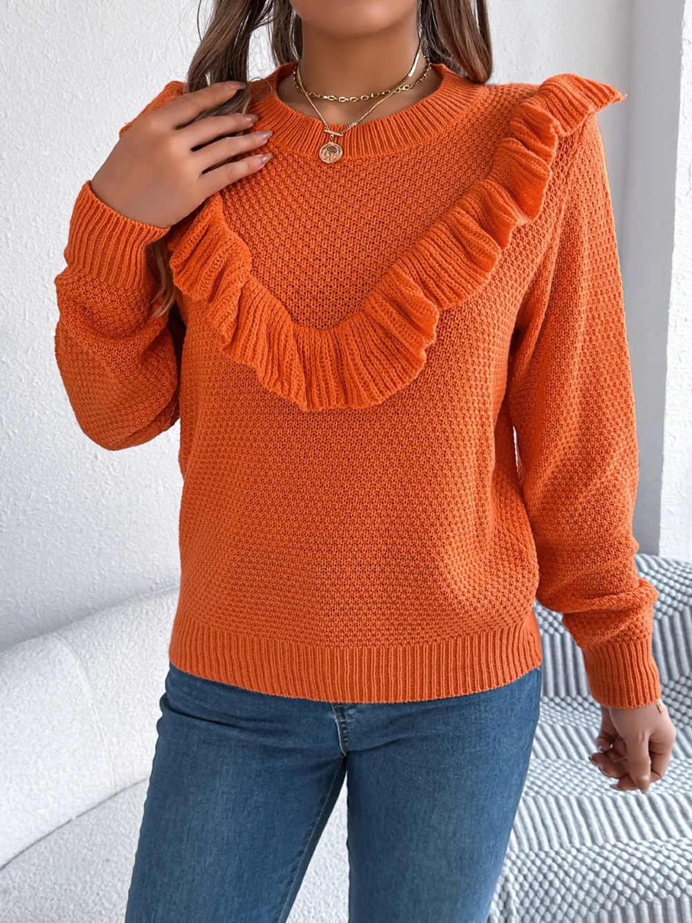Ruffled Round Neck Long Sleeve Sweater, image 15