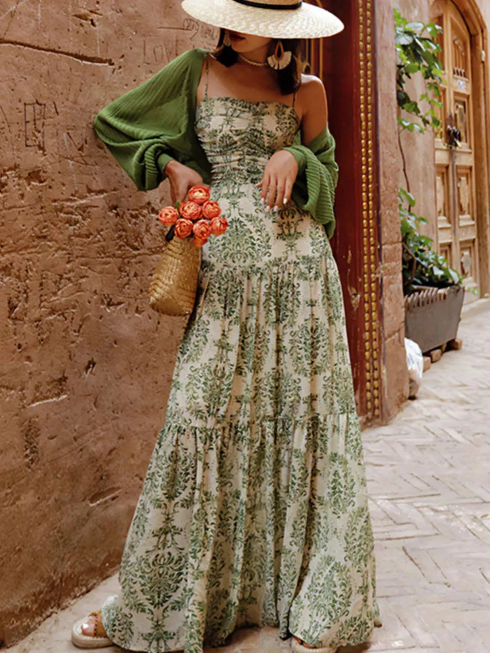 Cutout Back Printed Spaghetti Strap Tiered Maxi Dress, image 2