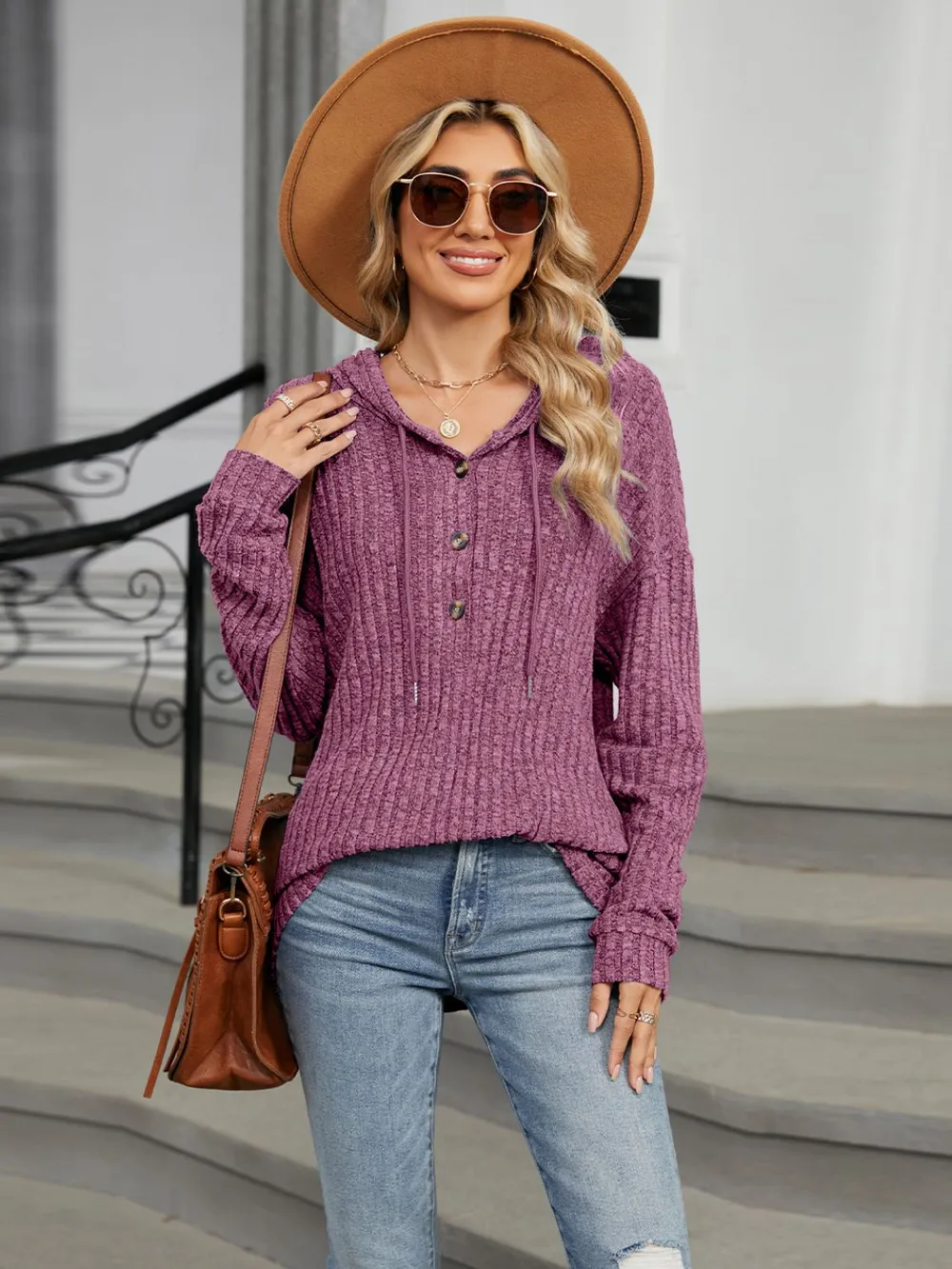 Half Button Long Sleeve Hooded Top, image 6