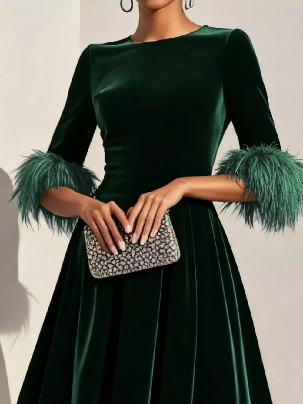 Velvet Midi Dress with Feather Cuffs, image 3