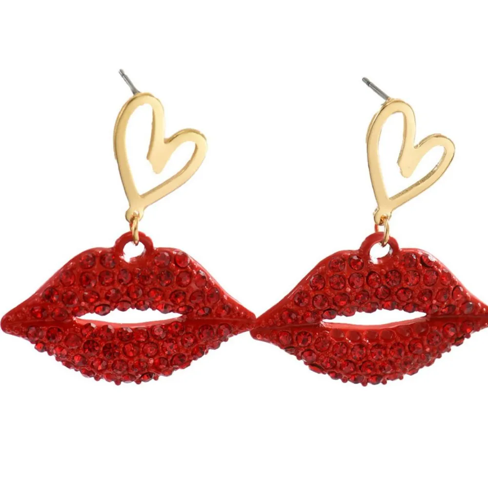 18K Gold-Plated Rhinestone Lips Heart Dangle Earrings, image 4