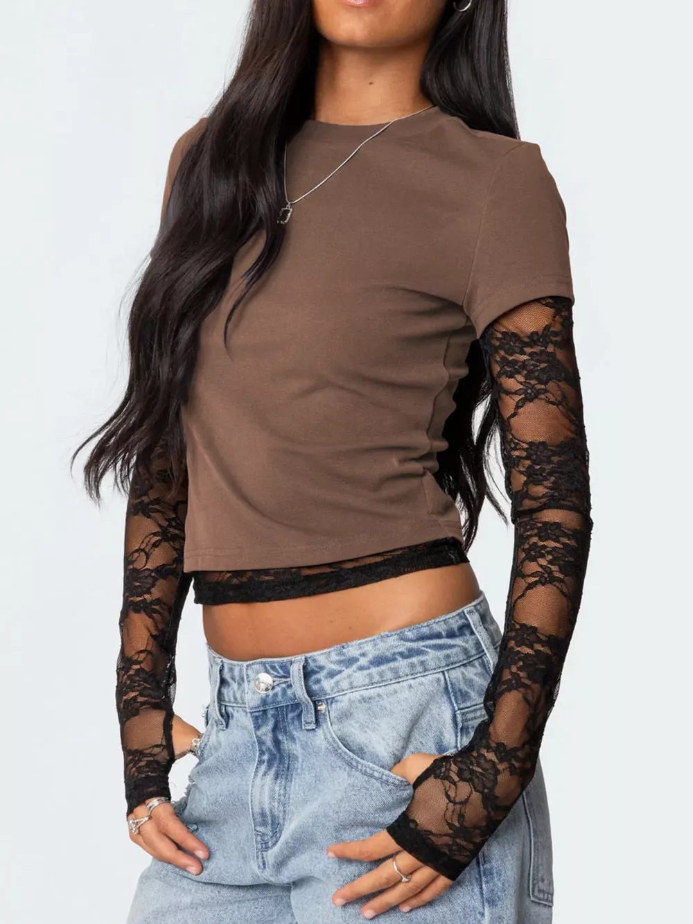 Cropped T-Shirt with Sheer Lace Sleeves, image 11