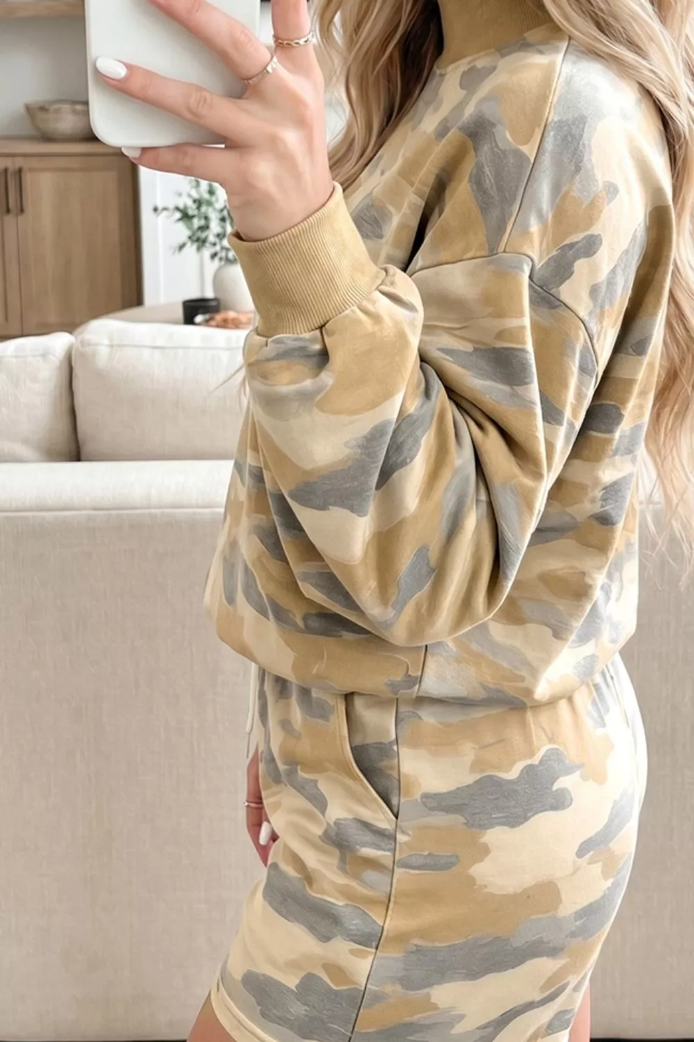 Camouflage Print Long Sleeve Top Drawstring Shorts Set, image 4