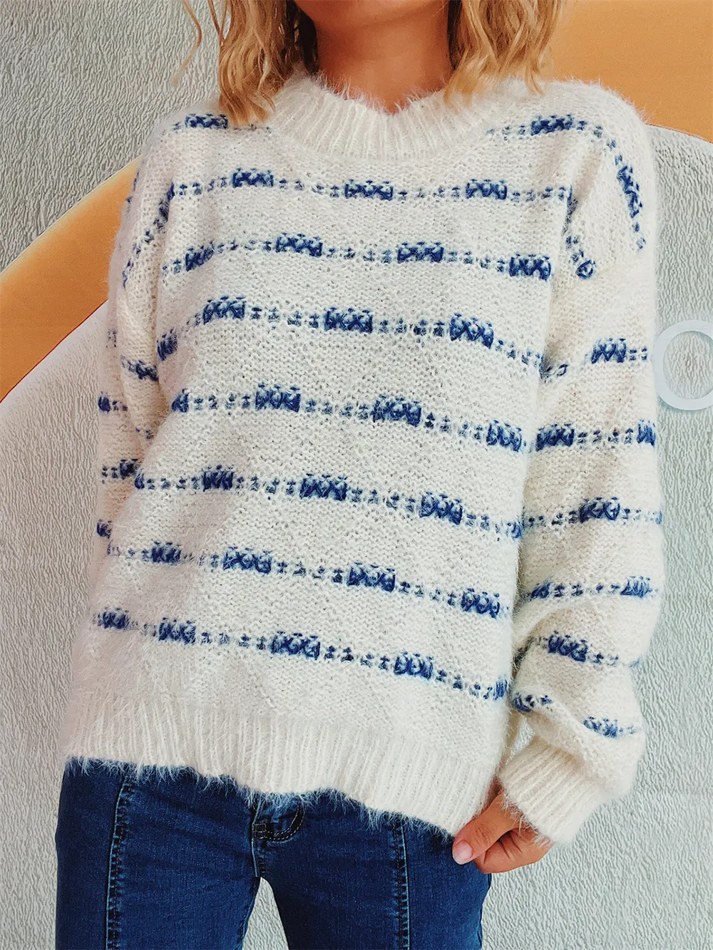 Striped Round Neck Long Sleeve Sweater, image 2